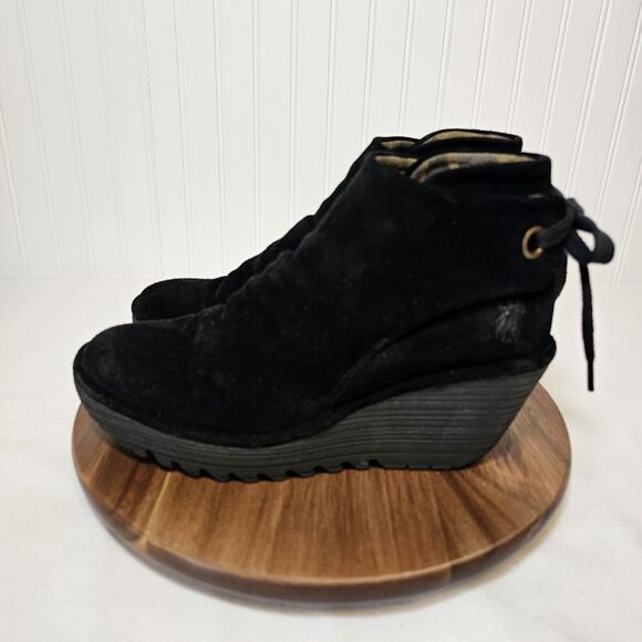FLY London Yama Suede Wedge Ankle Boots Black Size 39 Tie back closure booties - Picture 5 of 7